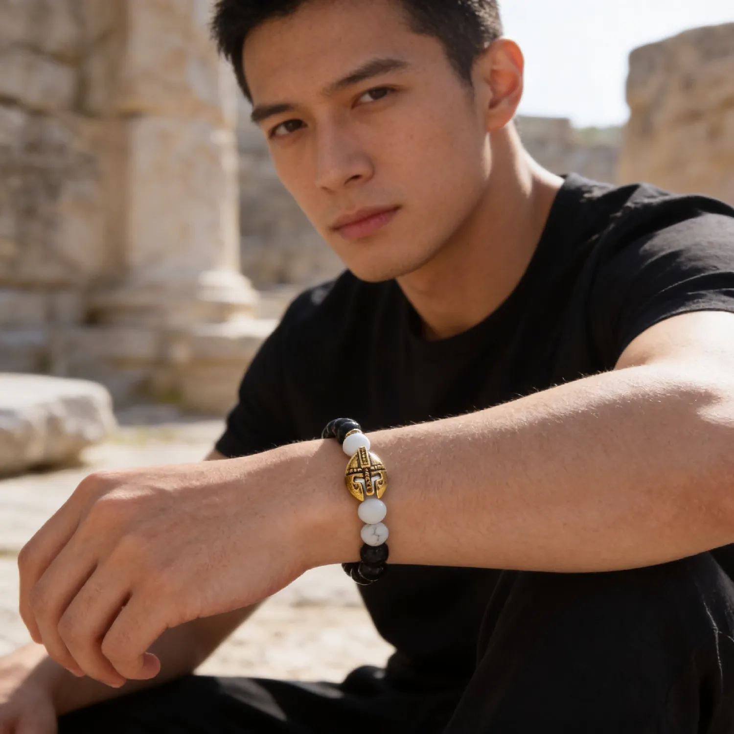 bracelet arène 02, pierre volcanique et quartz blanc bracelet arène 02, pierre volcanique et quartz blanc