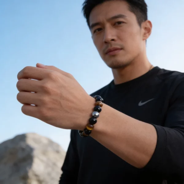 bracelet arène 04, obsidienne, hématite et Œil de tigre